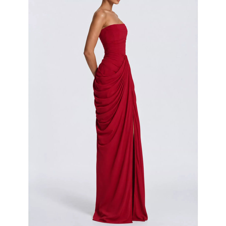 Elegant Strapless Ruched High-Slit Evening Dress Apparel and Accessories
