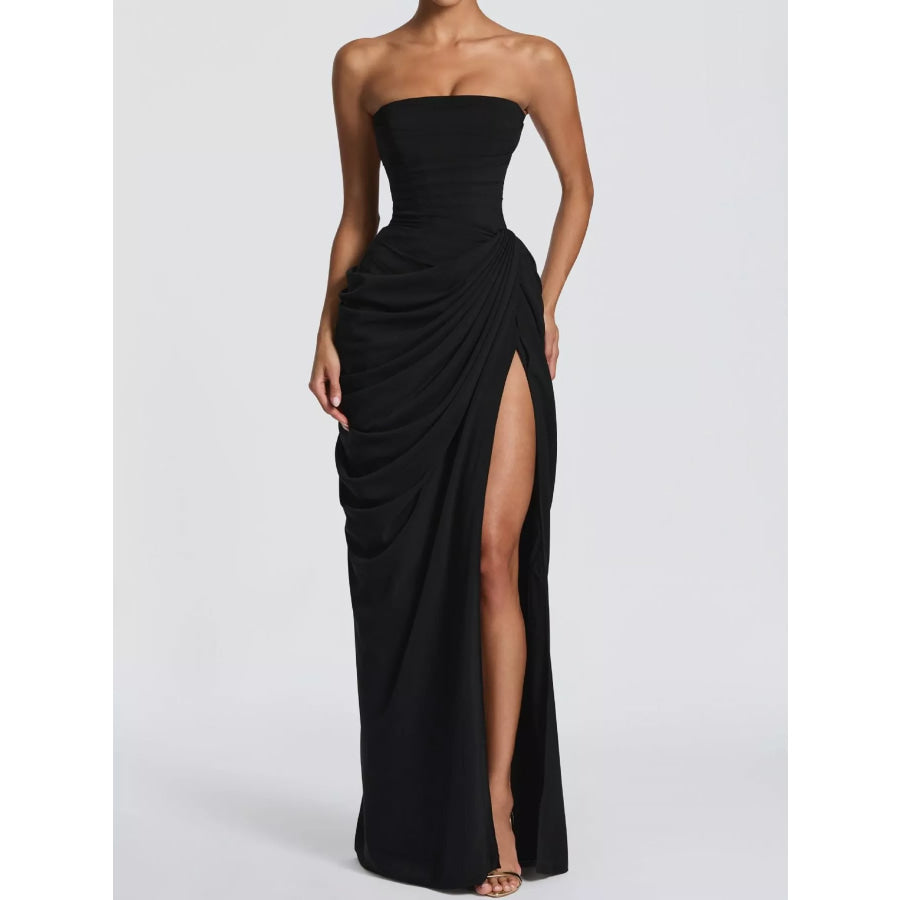 Elegant Strapless Ruched High-Slit Evening Dress Black / XS Apparel and Accessories