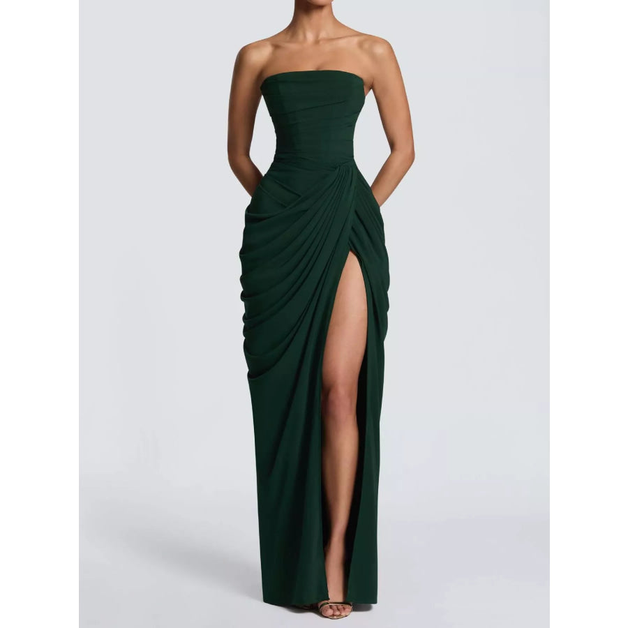 Elegant Strapless Ruched High-Slit Evening Dress Green / XS Apparel and Accessories