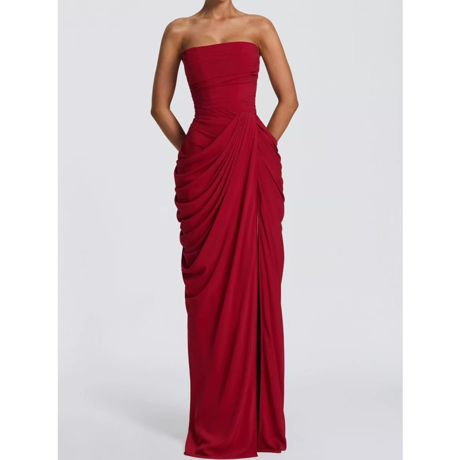 Elegant Strapless Ruched High-Slit Evening Dress Red / XS Apparel and Accessories