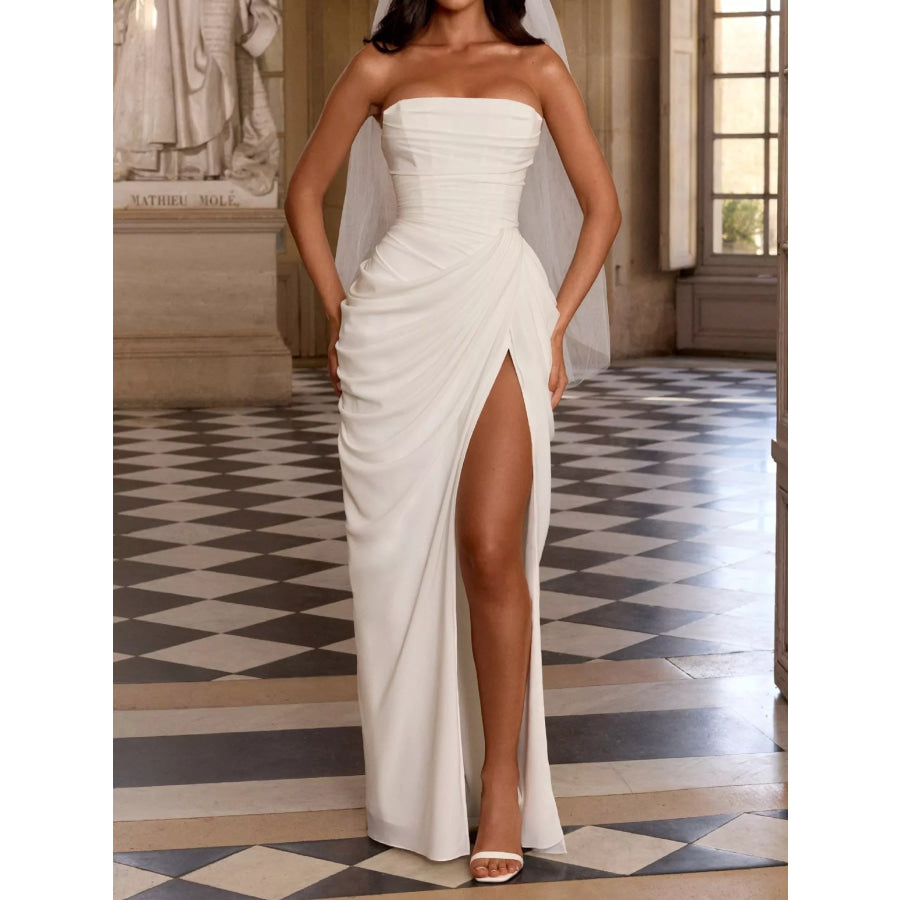 Elegant Strapless Ruched High-Slit Evening Dress White / XS Apparel and Accessories