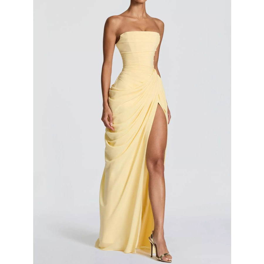 Elegant Strapless Ruched High-Slit Evening Dress Yellow / XS Apparel and Accessories