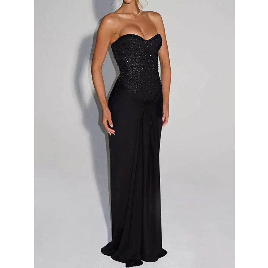 Elegant Strapless Sequin Corset Maxi Dress with Draped Waist Detail Apparel and Accessories