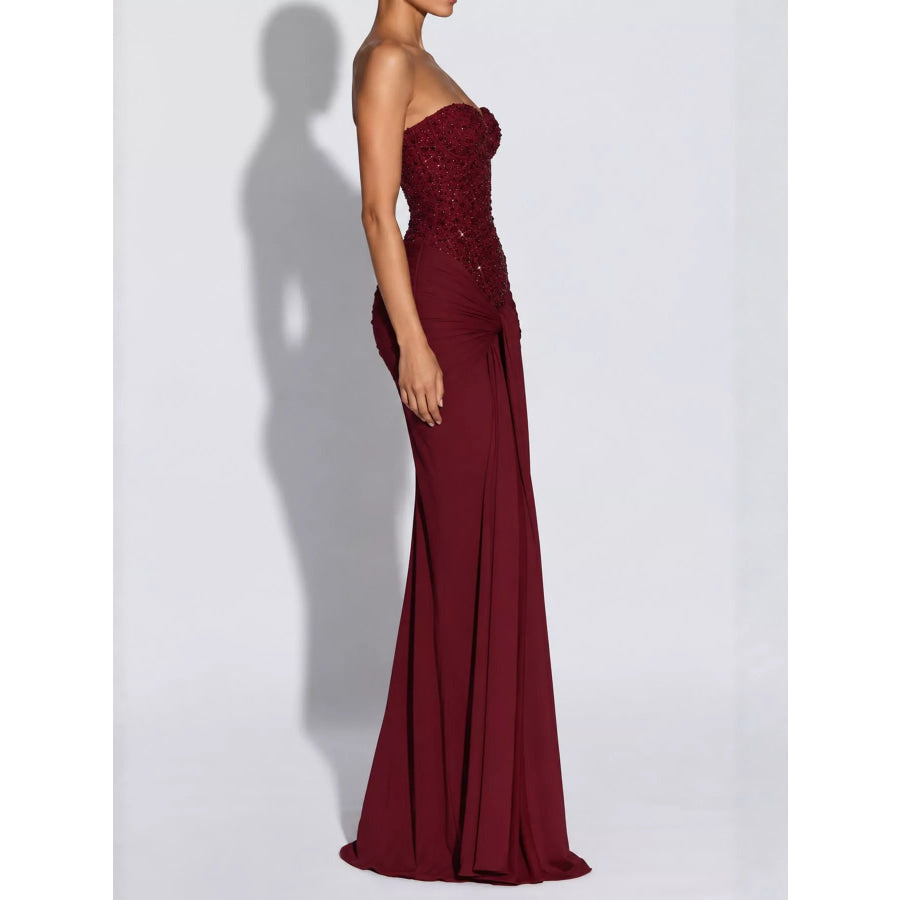 Elegant Strapless Sequin Corset Maxi Dress with Draped Waist Detail Apparel and Accessories