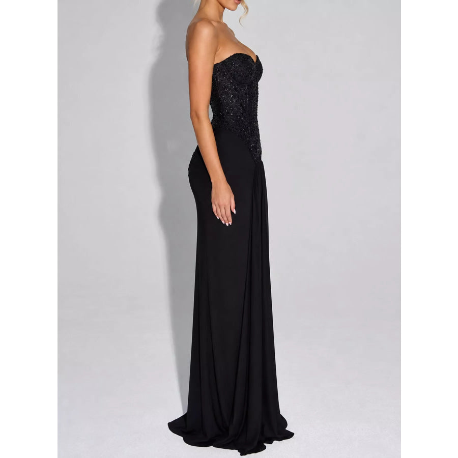 Elegant Strapless Sequin Corset Maxi Dress with Draped Waist Detail Apparel and Accessories