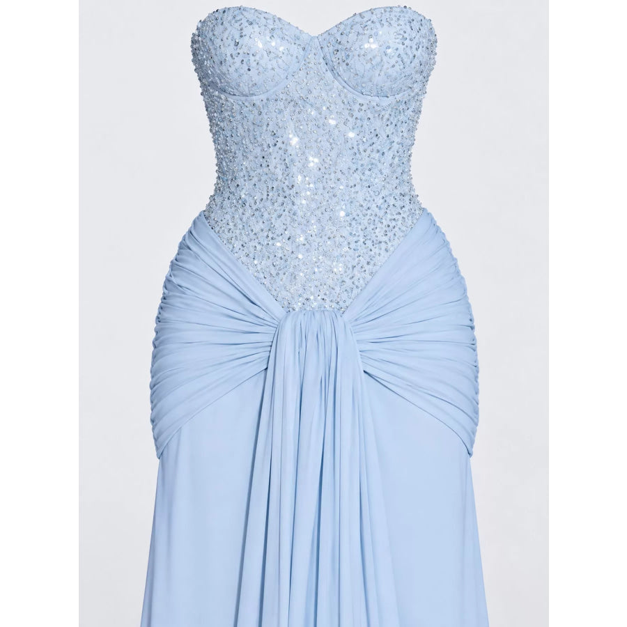 Elegant Strapless Sequin Corset Maxi Dress with Draped Waist Detail Apparel and Accessories