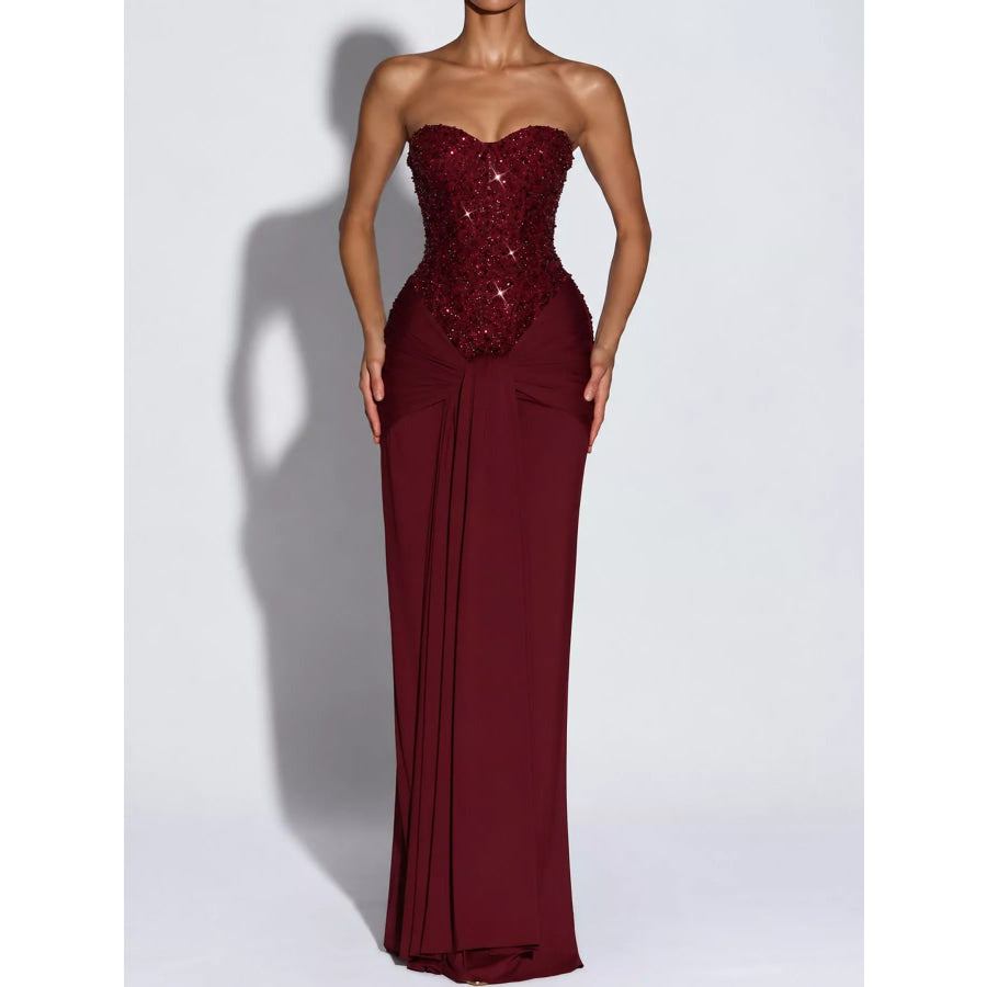 Elegant Strapless Sequin Corset Maxi Dress with Draped Waist Detail Apparel and Accessories
