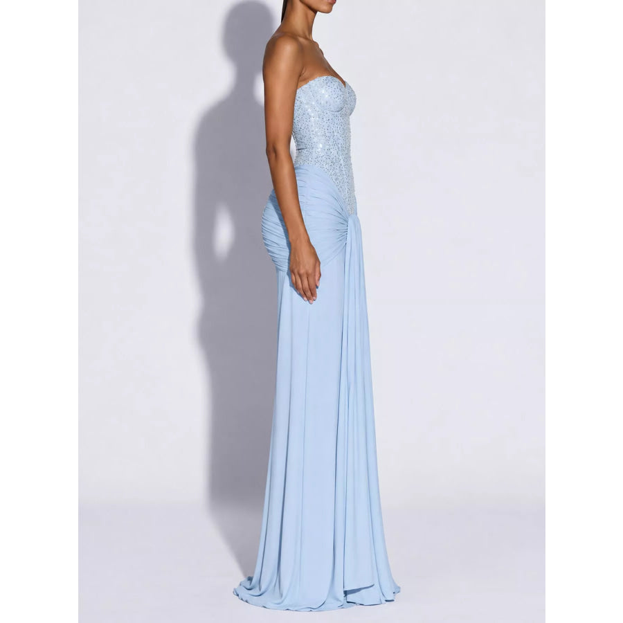 Elegant Strapless Sequin Corset Maxi Dress with Draped Waist Detail Apparel and Accessories