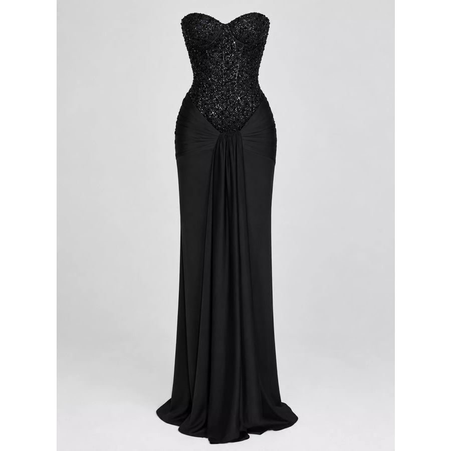 Elegant Strapless Sequin Corset Maxi Dress with Draped Waist Detail Apparel and Accessories