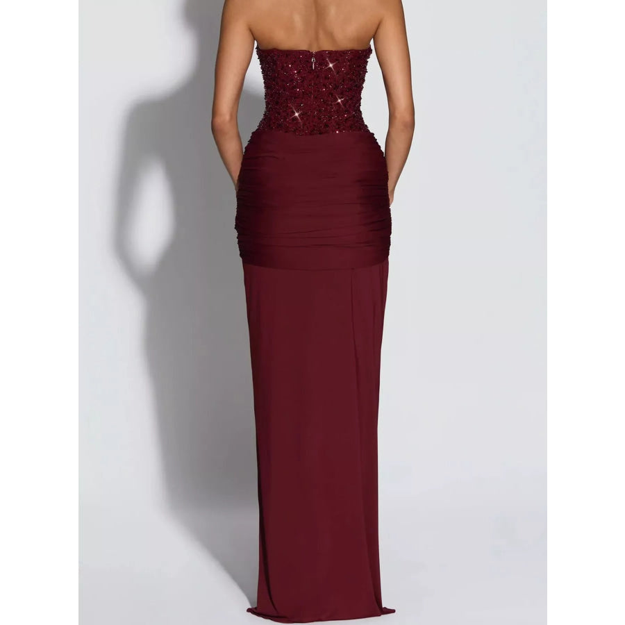 Elegant Strapless Sequin Corset Maxi Dress with Draped Waist Detail Apparel and Accessories