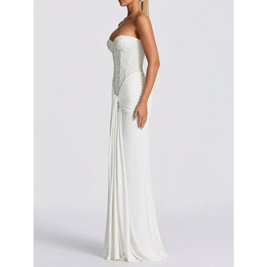 Elegant Strapless Sequin Corset Maxi Dress with Draped Waist Detail Apparel and Accessories
