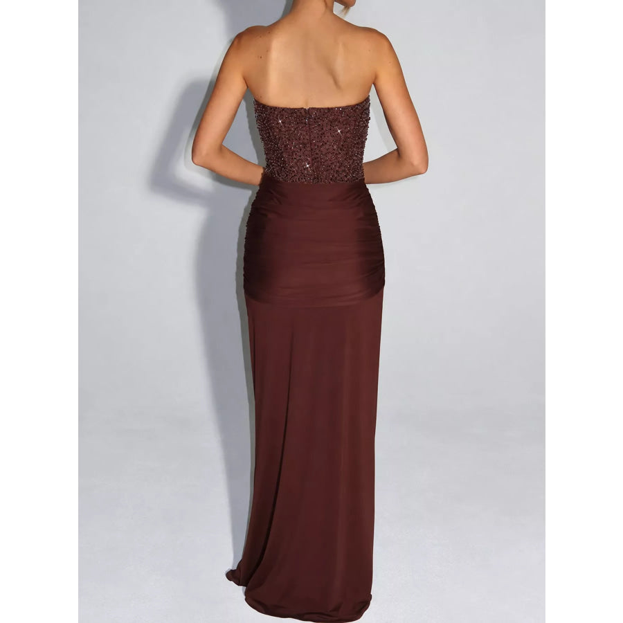 Elegant Strapless Sequin Corset Maxi Dress with Draped Waist Detail Apparel and Accessories