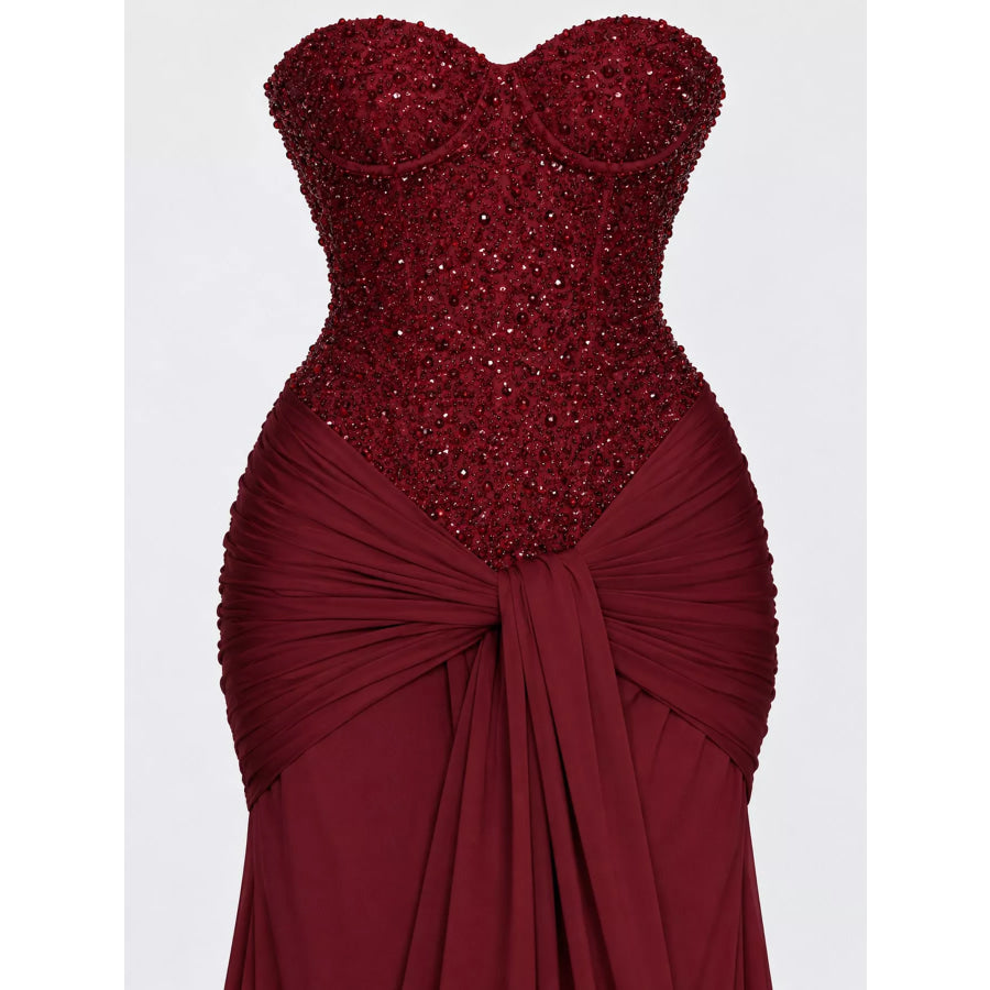 Elegant Strapless Sequin Corset Maxi Dress with Draped Waist Detail Apparel and Accessories
