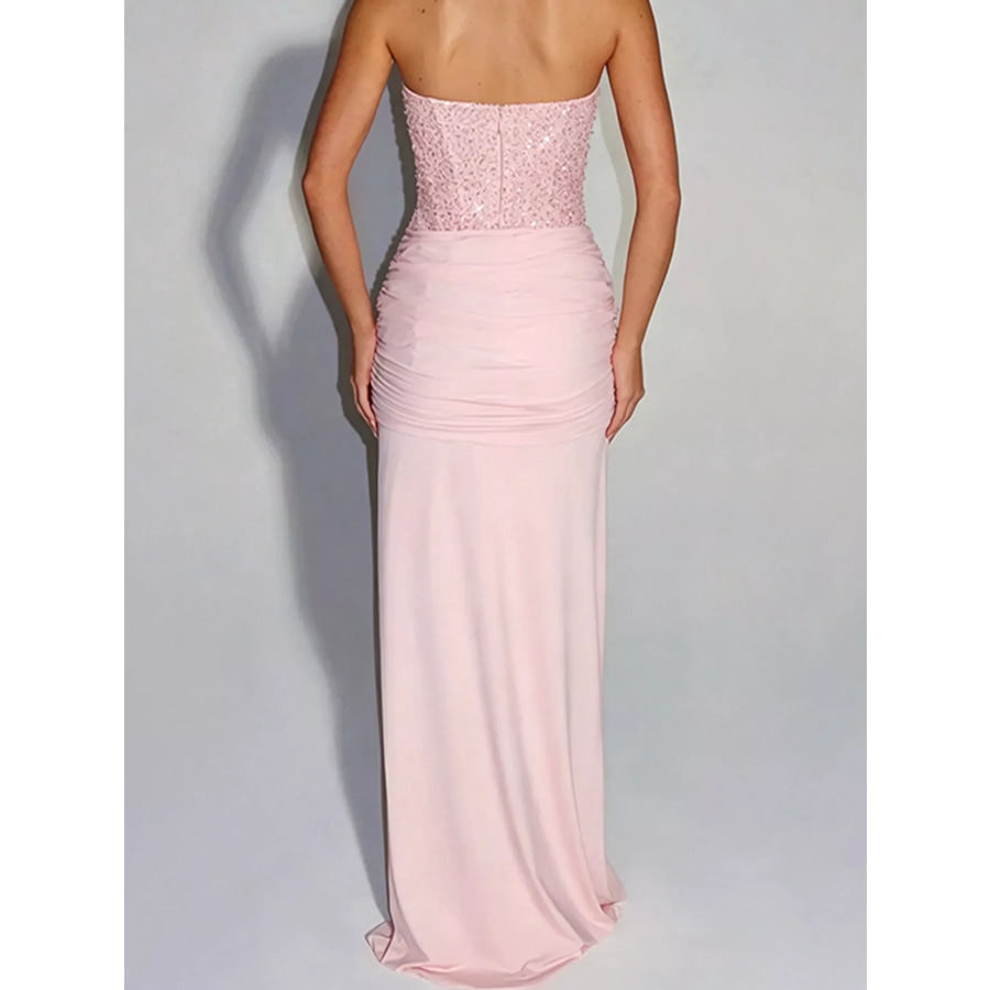 Elegant Strapless Sequin Corset Maxi Dress with Draped Waist Detail Apparel and Accessories