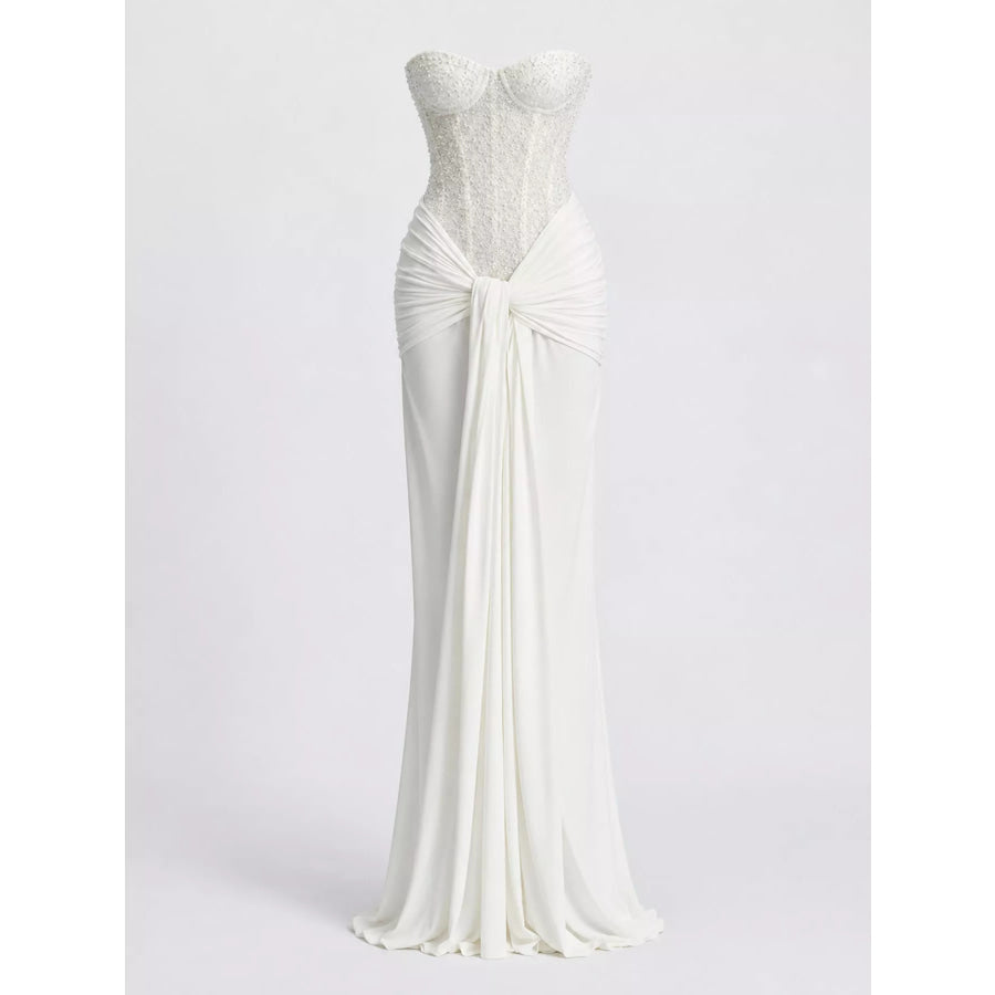 Elegant Strapless Sequin Corset Maxi Dress with Draped Waist Detail Apparel and Accessories