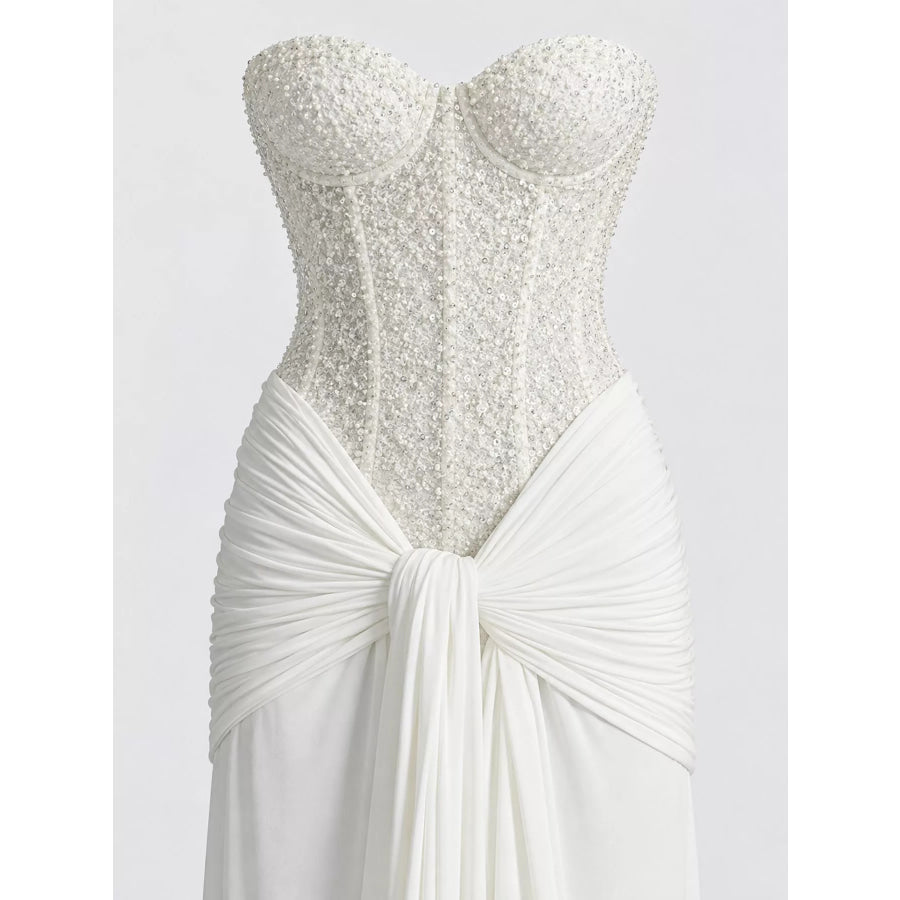 Elegant Strapless Sequin Corset Maxi Dress with Draped Waist Detail Apparel and Accessories