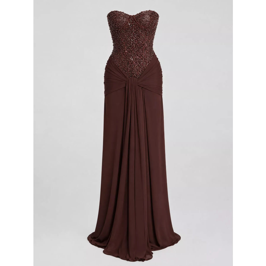 Elegant Strapless Sequin Corset Maxi Dress with Draped Waist Detail Apparel and Accessories