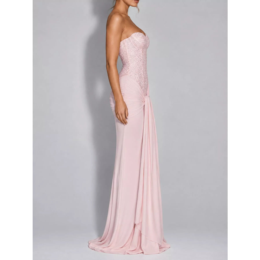 Elegant Strapless Sequin Corset Maxi Dress with Draped Waist Detail Apparel and Accessories