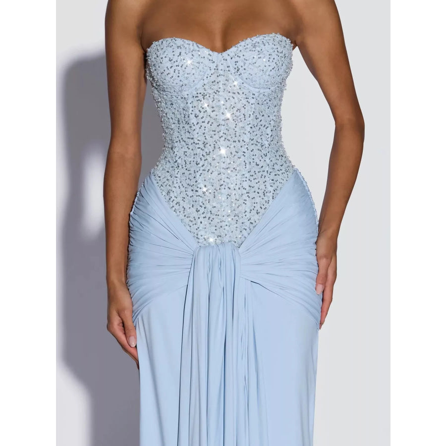 Elegant Strapless Sequin Corset Maxi Dress with Draped Waist Detail Apparel and Accessories