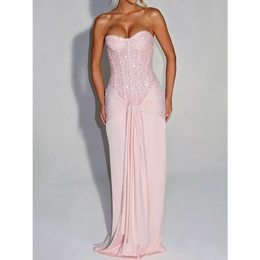 Elegant Strapless Sequin Corset Maxi Dress with Draped Waist Detail Apparel and Accessories