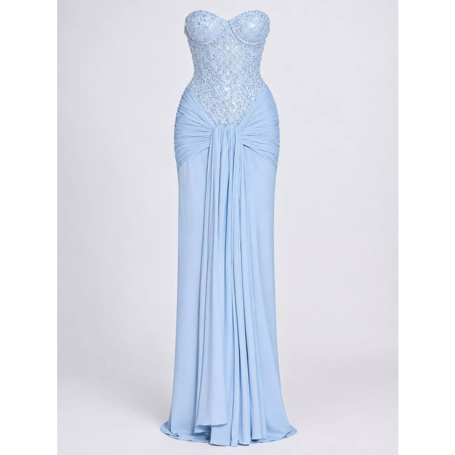 Elegant Strapless Sequin Corset Maxi Dress with Draped Waist Detail Apparel and Accessories
