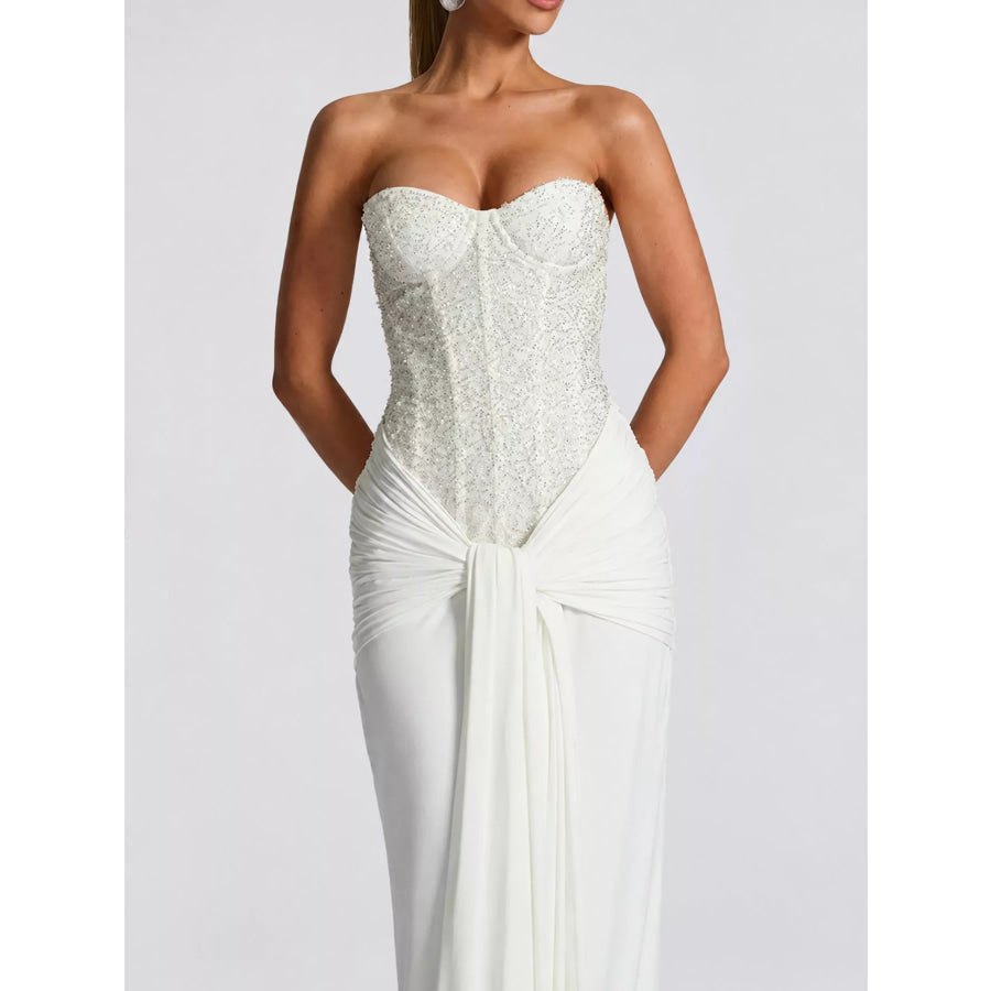 Elegant Strapless Sequin Corset Maxi Dress with Draped Waist Detail Apparel and Accessories