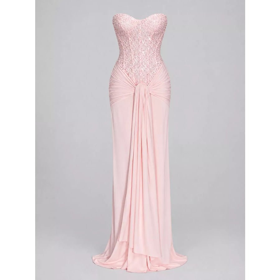 Elegant Strapless Sequin Corset Maxi Dress with Draped Waist Detail Apparel and Accessories