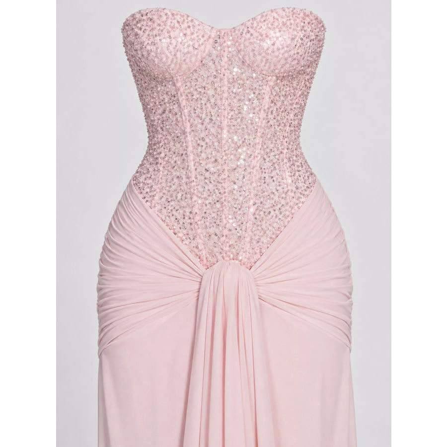 Elegant Strapless Sequin Corset Maxi Dress with Draped Waist Detail Apparel and Accessories