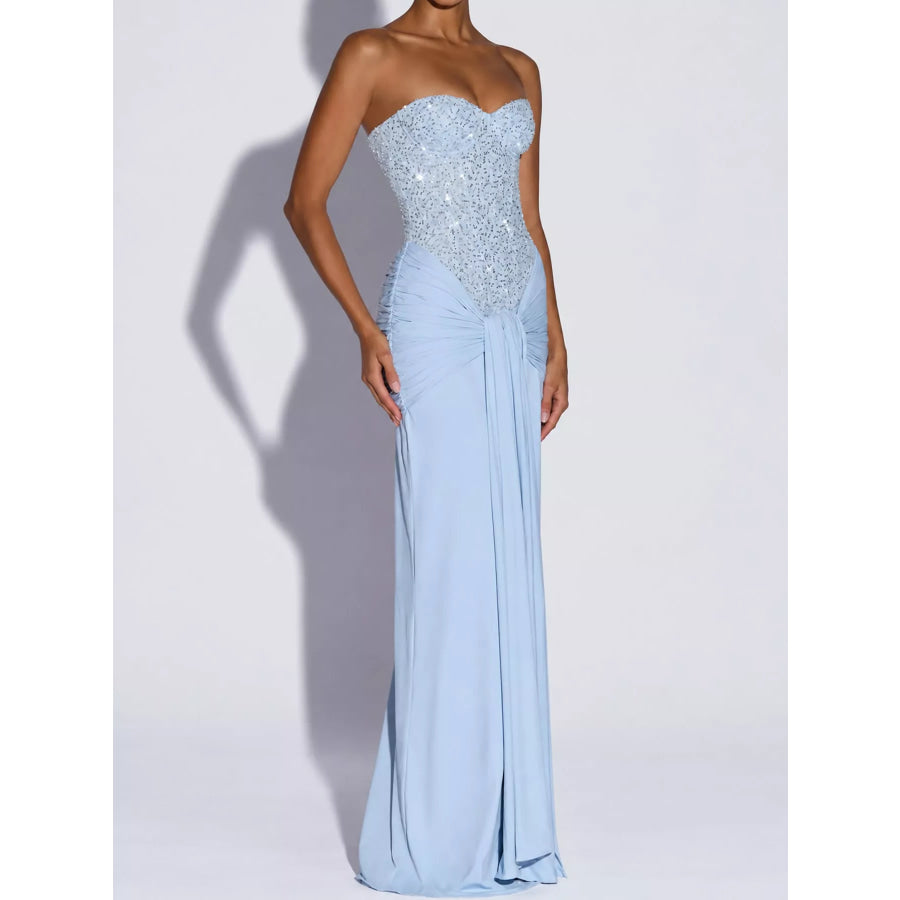 Elegant Strapless Sequin Corset Maxi Dress with Draped Waist Detail Apparel and Accessories