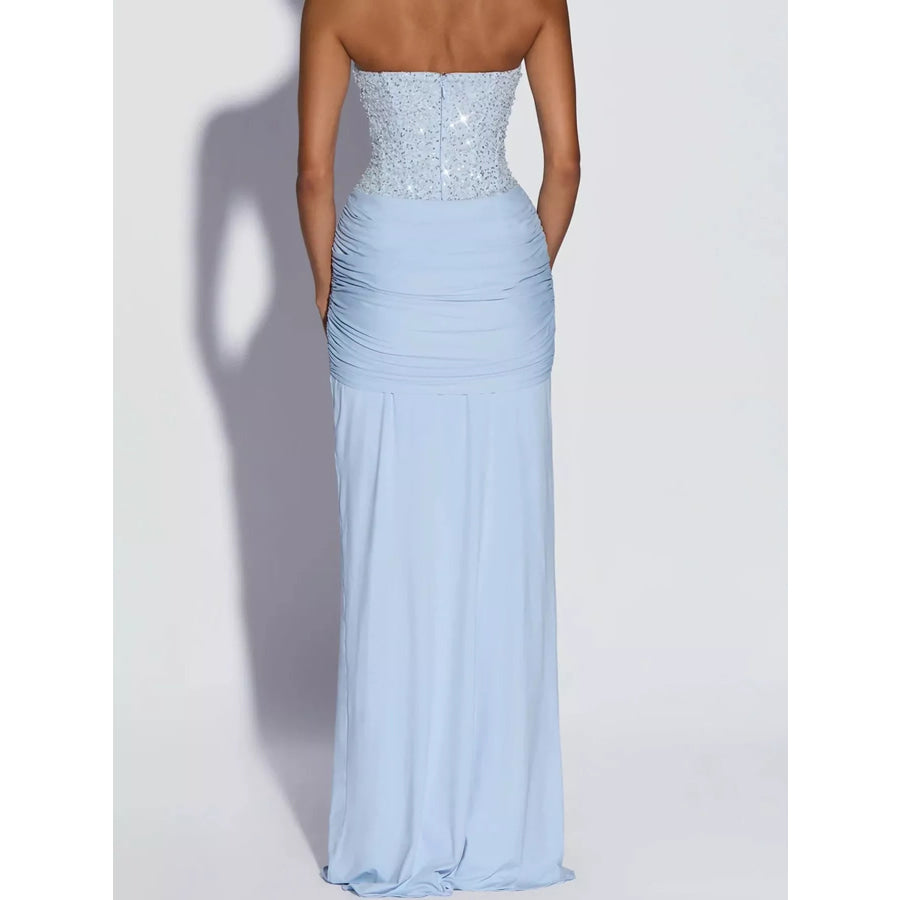 Elegant Strapless Sequin Corset Maxi Dress with Draped Waist Detail Apparel and Accessories
