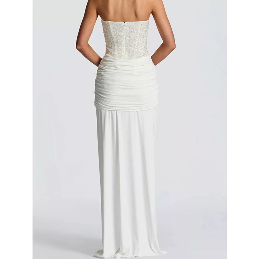 Elegant Strapless Sequin Corset Maxi Dress with Draped Waist Detail Apparel and Accessories