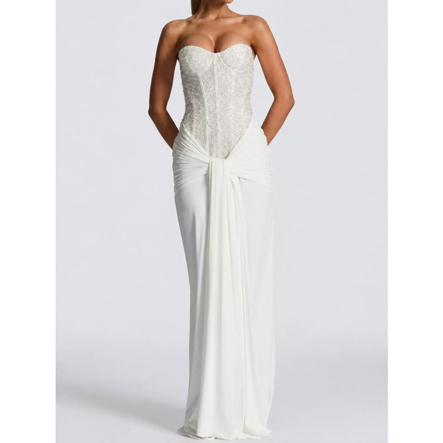 Elegant Strapless Sequin Corset Maxi Dress with Draped Waist Detail White / S Apparel and Accessories