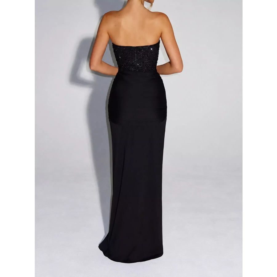 Elegant Strapless Sequin Corset Maxi Dress with Draped Waist Detail Apparel and Accessories