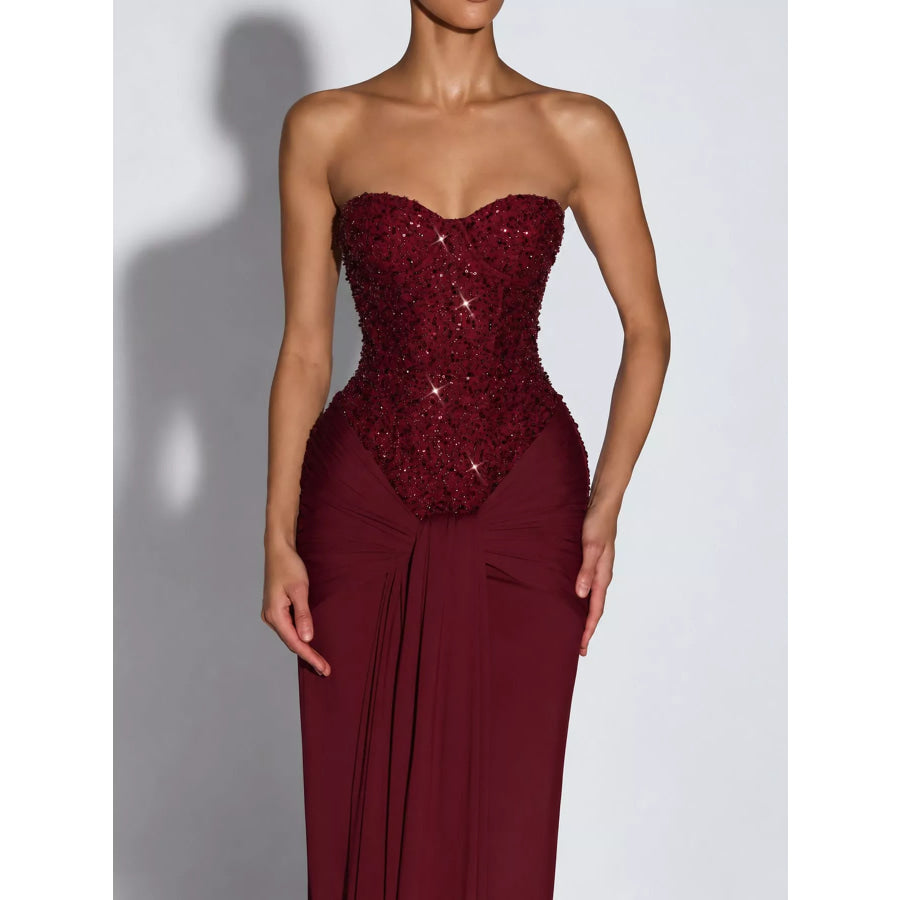 Elegant Strapless Sequin Corset Maxi Dress with Draped Waist Detail Apparel and Accessories