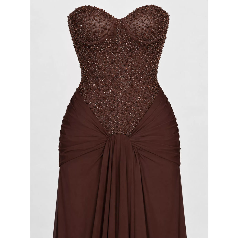 Elegant Strapless Sequin Corset Maxi Dress with Draped Waist Detail Apparel and Accessories