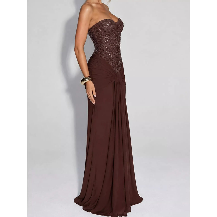 Elegant Strapless Sequin Corset Maxi Dress with Draped Waist Detail Apparel and Accessories