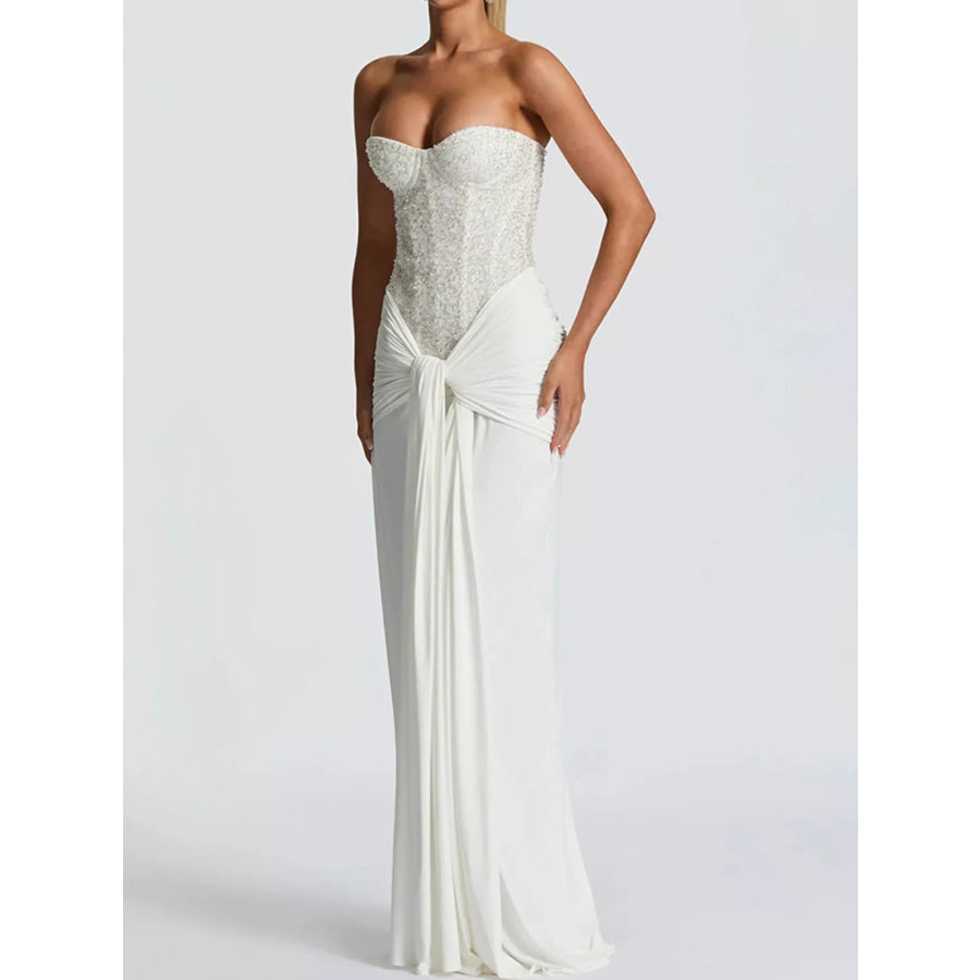 Elegant Strapless Sequin Corset Maxi Dress with Draped Waist Detail Apparel and Accessories