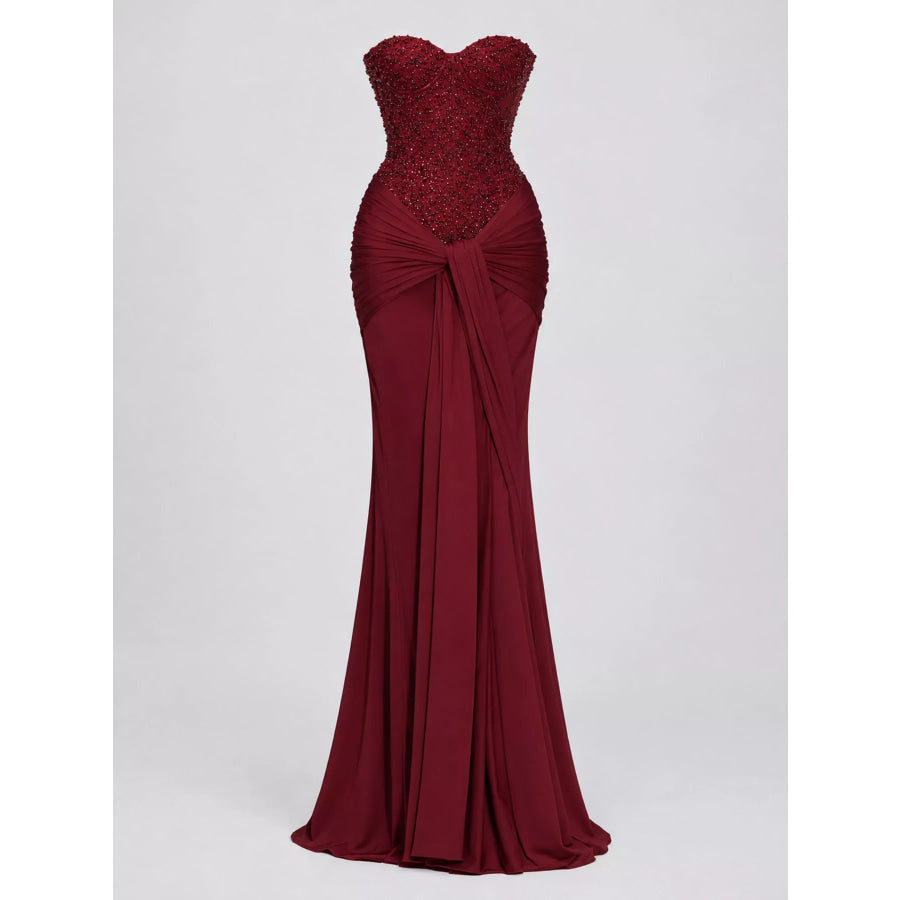 Elegant Strapless Sequin Corset Maxi Dress with Draped Waist Detail Apparel and Accessories