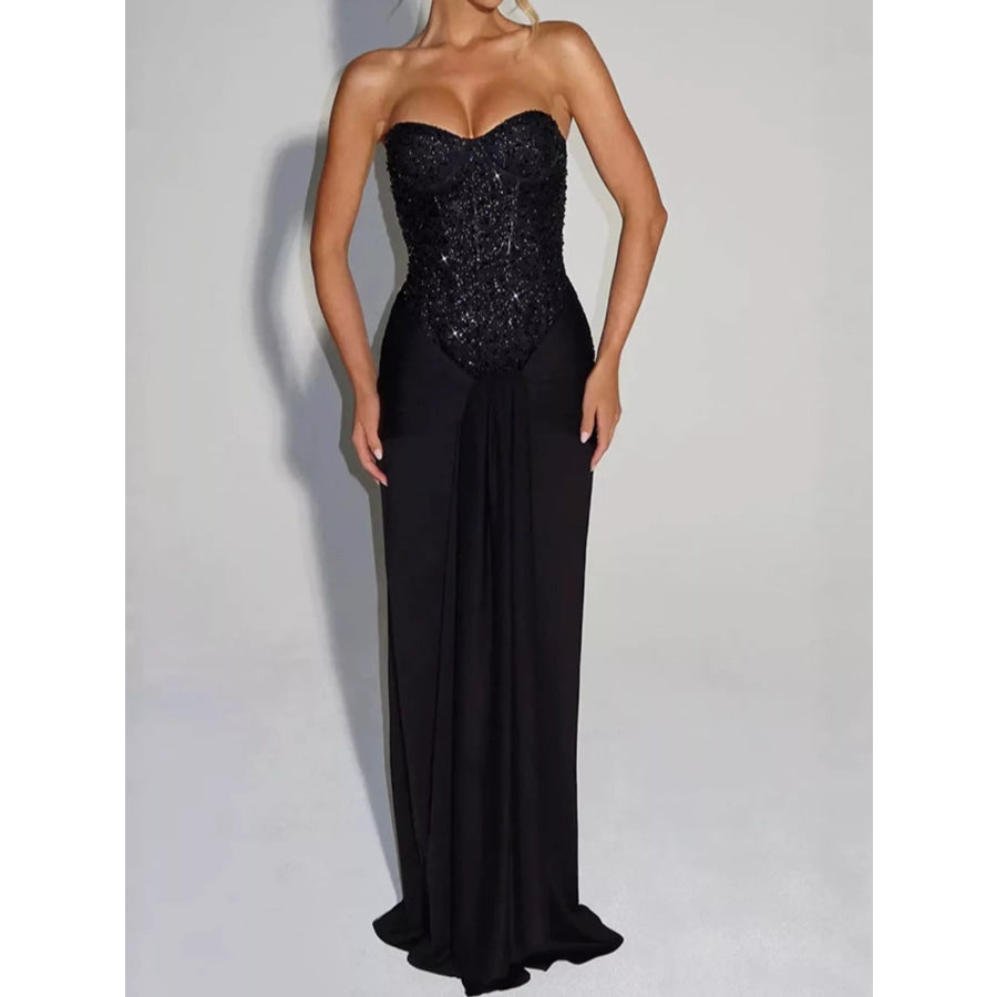 Elegant Strapless Sequin Corset Maxi Dress with Draped Waist Detail Black / S Apparel and Accessories