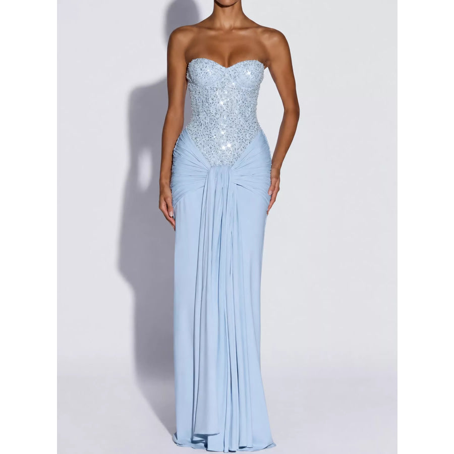 Elegant Strapless Sequin Corset Maxi Dress with Draped Waist Detail Blue / S Apparel and Accessories