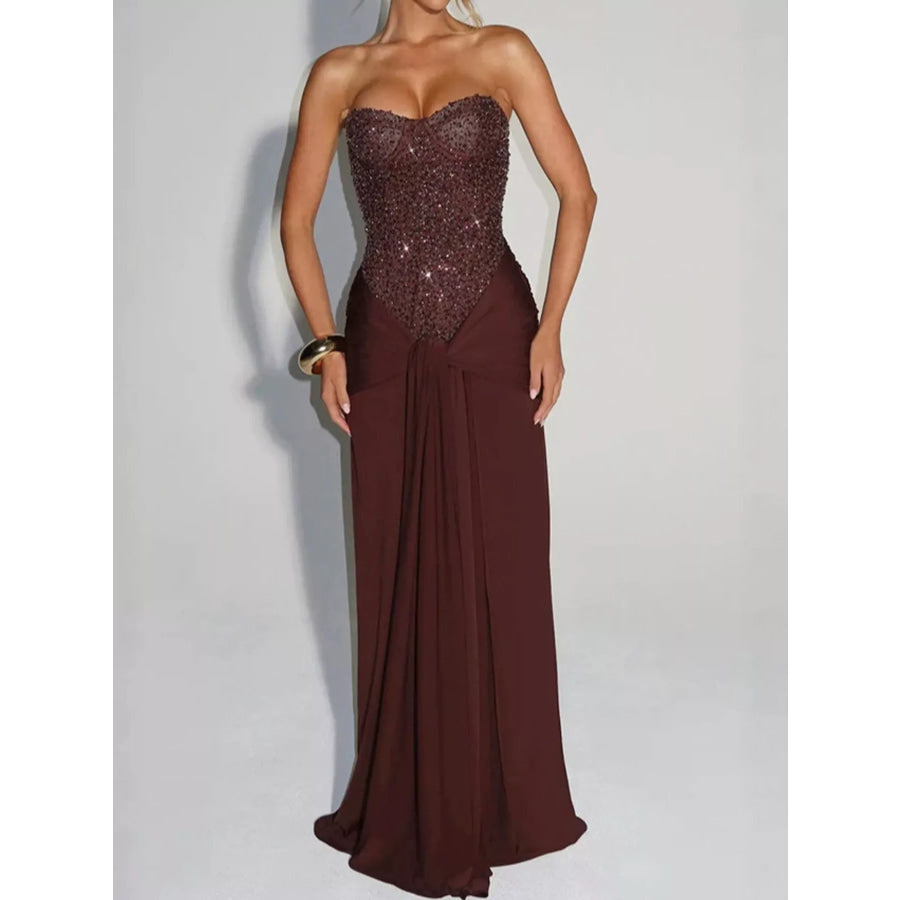 Elegant Strapless Sequin Corset Maxi Dress with Draped Waist Detail Dark Brown / S Apparel and Accessories