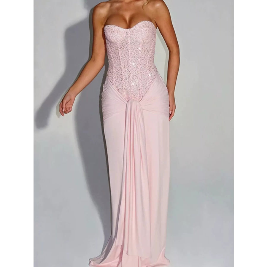 Elegant Strapless Sequin Corset Maxi Dress with Draped Waist Detail Pink / S Apparel and Accessories