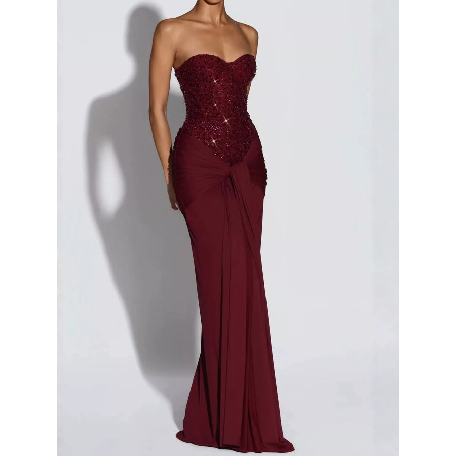 Elegant Strapless Sequin Corset Maxi Dress with Draped Waist Detail Red / S Apparel and Accessories