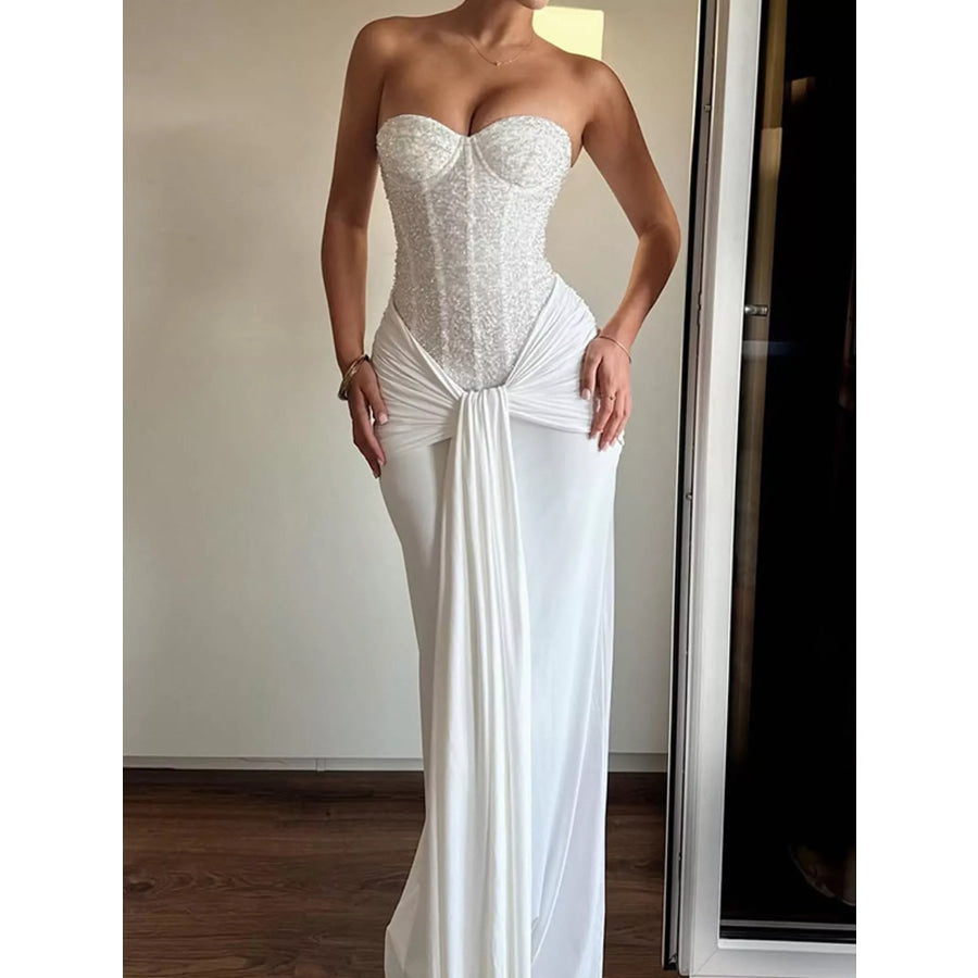 Elegant Strapless Sequin Corset Maxi Dress with Draped Waist Detail White / S Apparel and Accessories