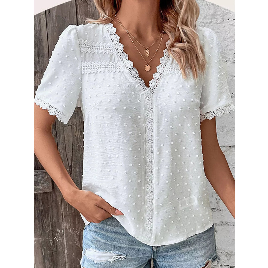 Elegant Swiss Dot V-Neck Blouse with Lace Trim Apparel and Accessories