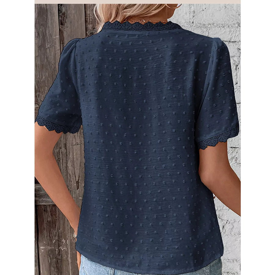 Elegant Swiss Dot V-Neck Blouse with Lace Trim Apparel and Accessories