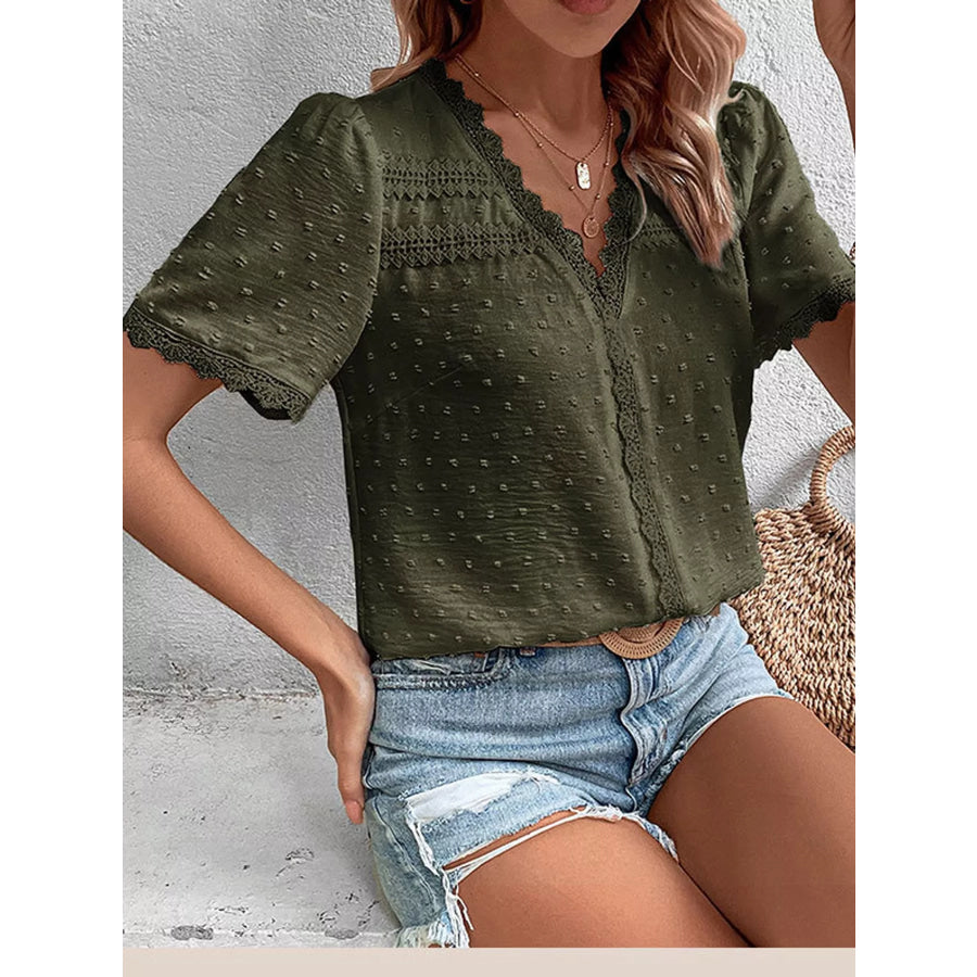 Elegant Swiss Dot V-Neck Blouse with Lace Trim Apparel and Accessories