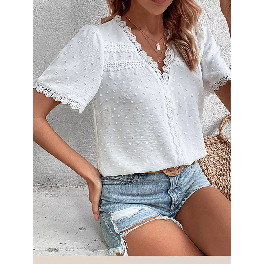 Elegant Swiss Dot V-Neck Blouse with Lace Trim Apparel and Accessories