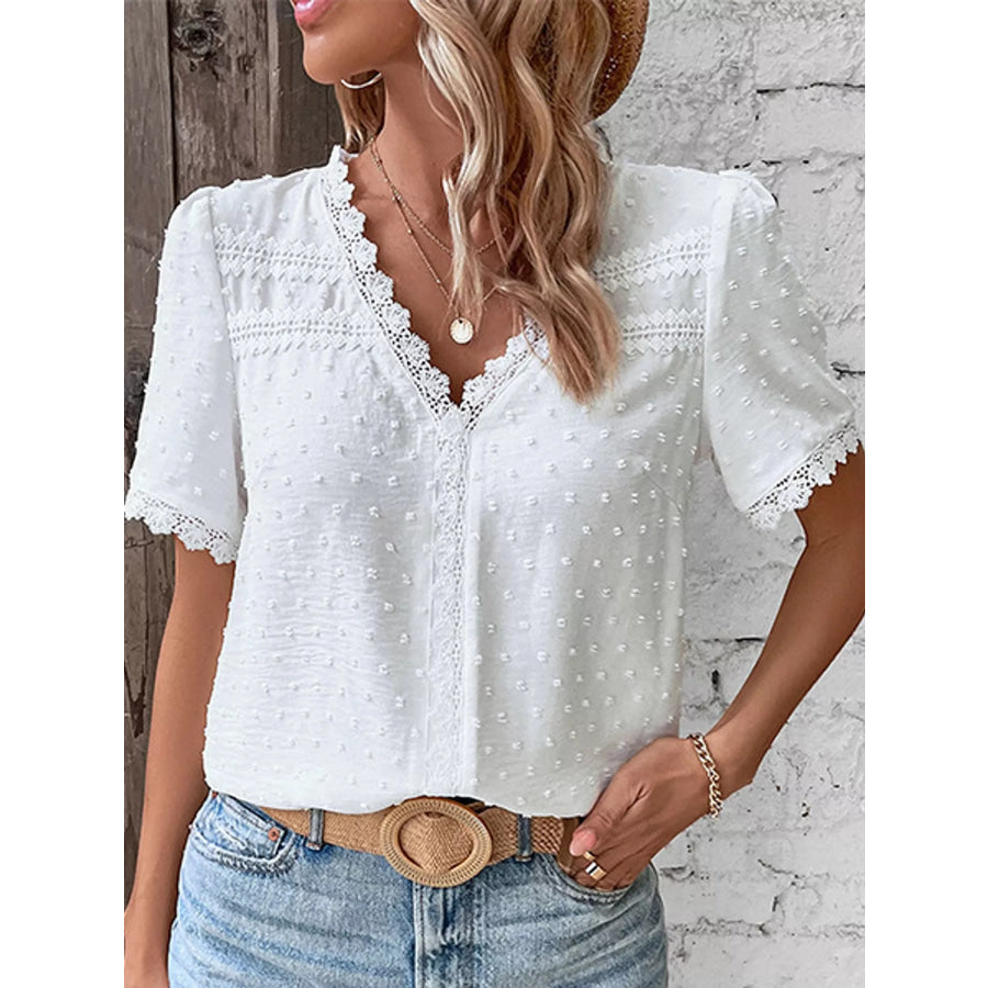 Elegant Swiss Dot V-Neck Blouse with Lace Trim Apparel and Accessories