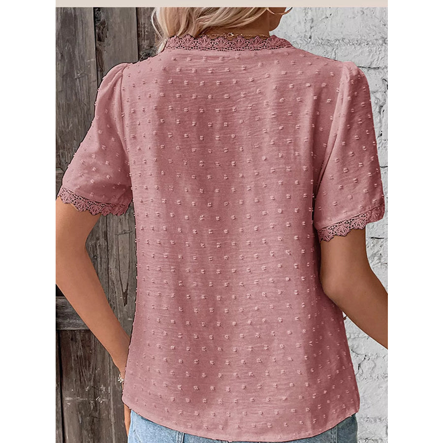 Elegant Swiss Dot V-Neck Blouse with Lace Trim Apparel and Accessories